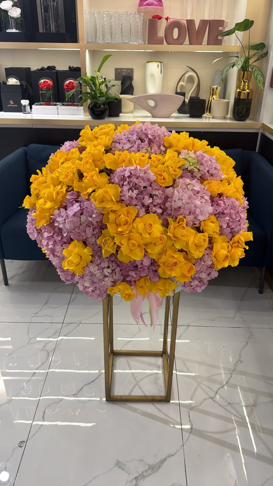 Pink Hydrangea Yellow Roses Round Box Arrangement